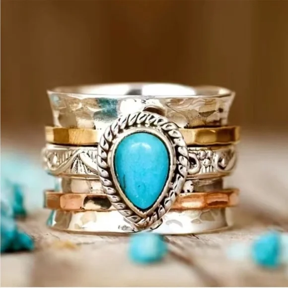 Anthropologie Turquoise and Mixed Metal Boho Ring (titanium) 8.5 - Picture 1 of 7